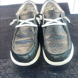 Ariat Black Embossed Floral Leather Slip-On Sneakers with White Laces